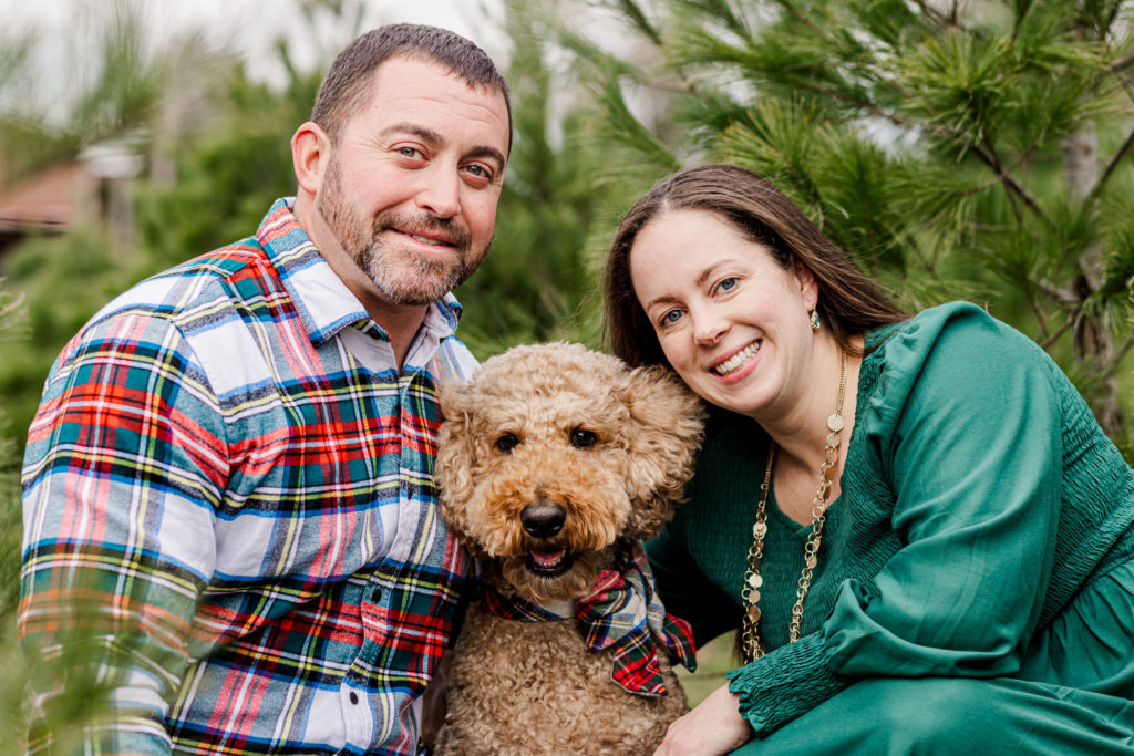 Christmas family session with goldendoodle