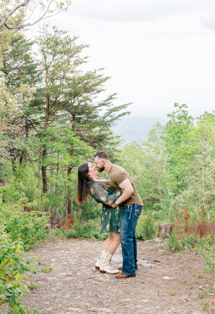 Couple sharing a candid moment together during engagement session.