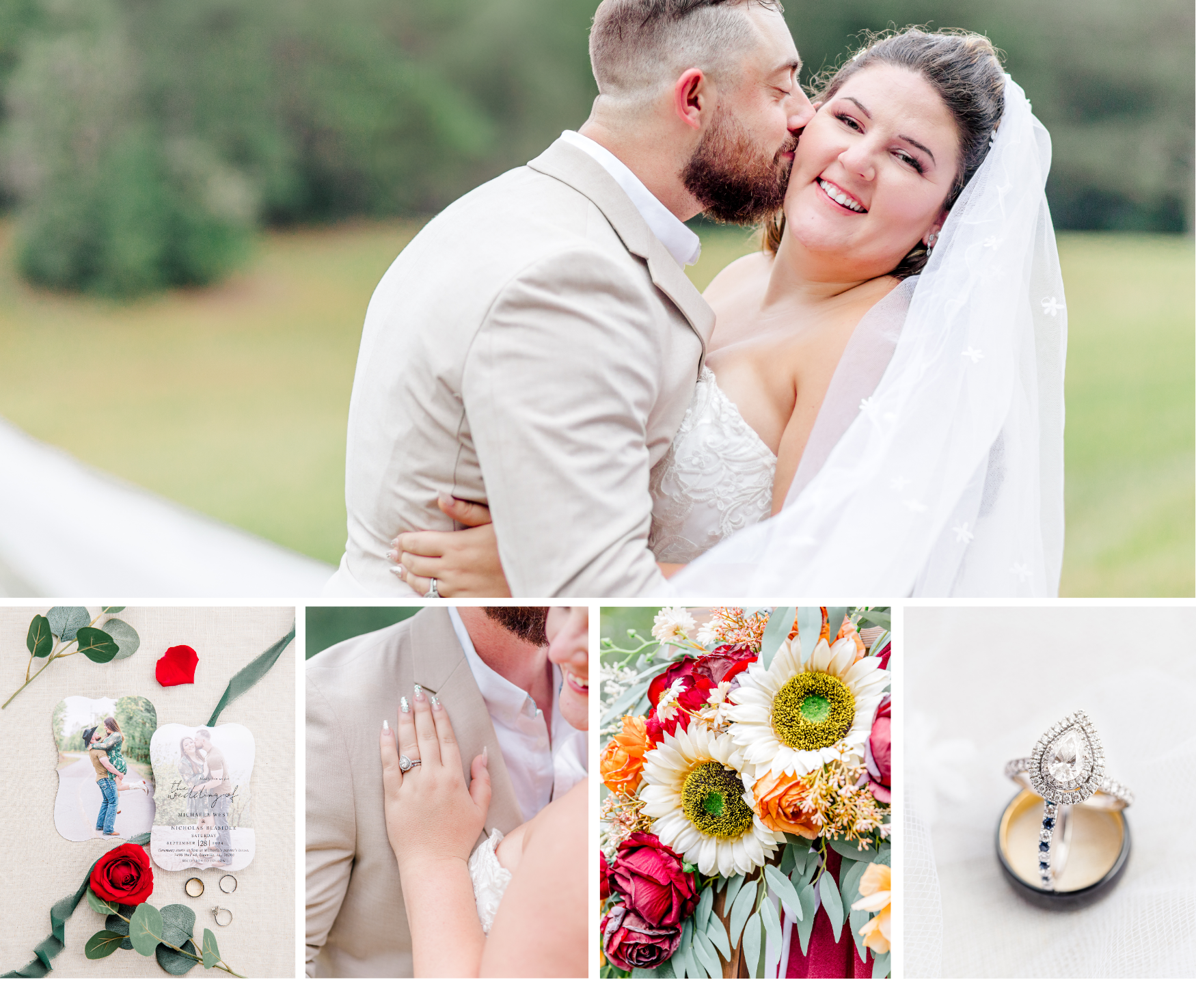 Bride and groom, Michaela and Nick, sharing a joyful moment during their intimate fall wedding on Michaela's parents' property in Lineville, Alabama.