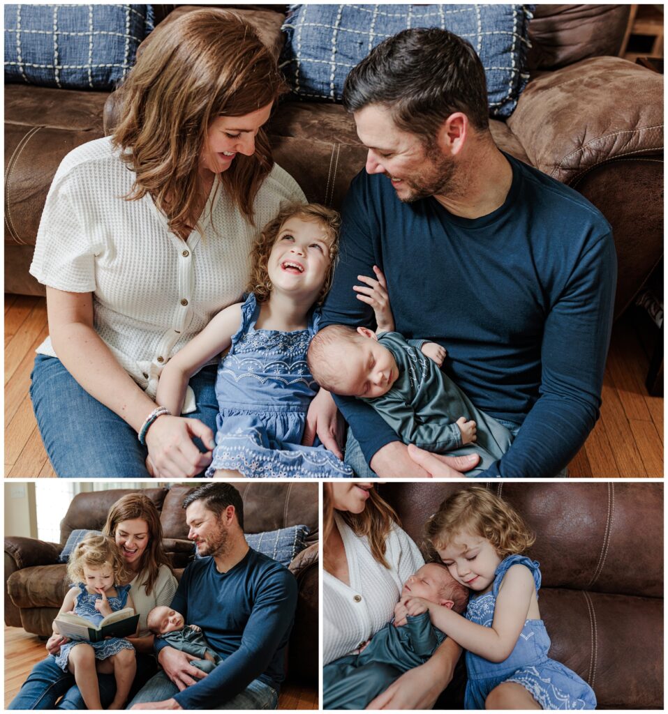 Photo collage of an in home newborn session showing the parents and the older sister reading a book together and the big sister hugging her new baby brother