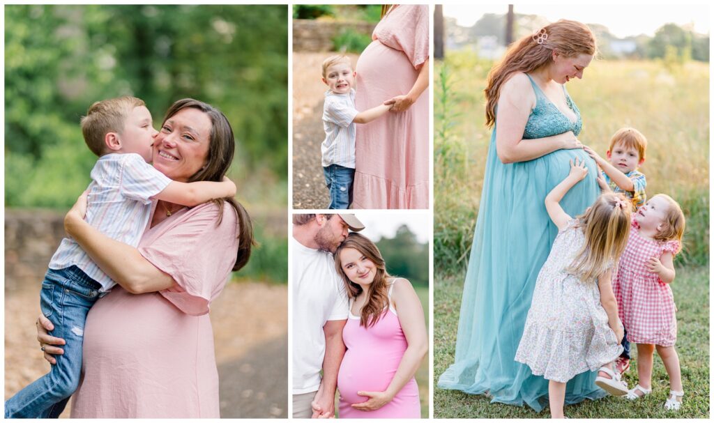 Photo collage of several pregnant women with their other children and partners highlighting the women's baby bump