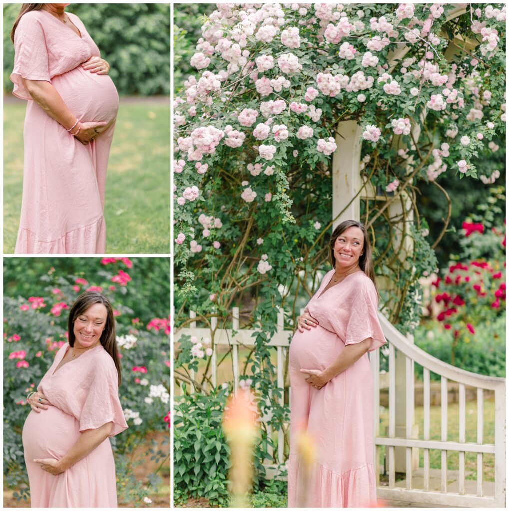 Maternity photo collage of a pregnant woman in different poses in front of flowers at the Birmingham Botanical Gardens