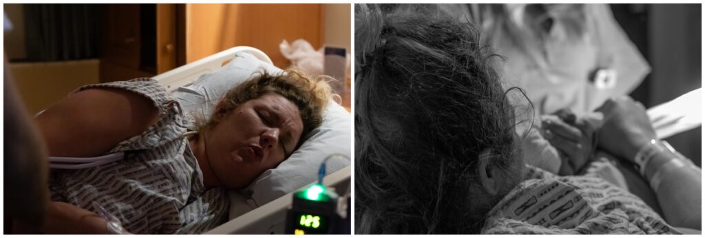 Woman in labor lying down in a hospital bed