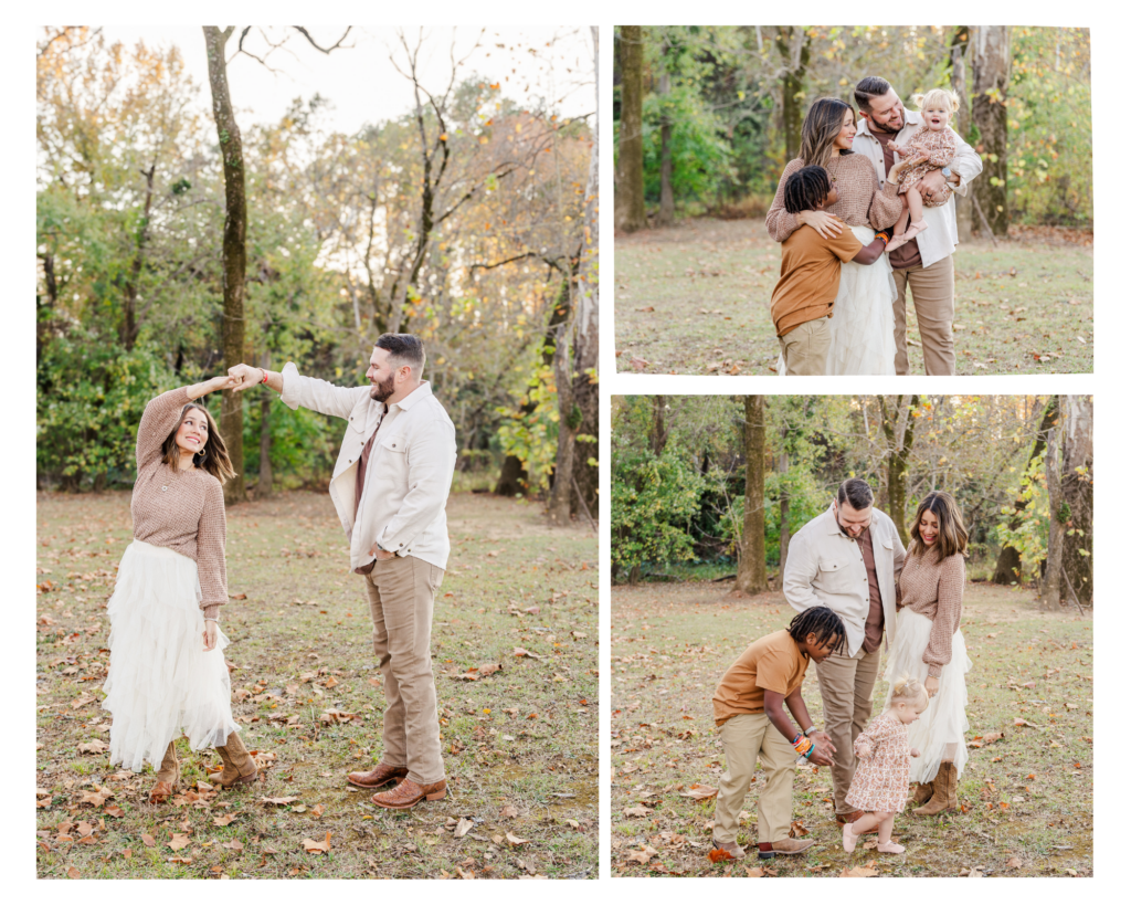 Family wearing coordinated rust, cream, and olive outfits for fall family photoshoot outdoors.