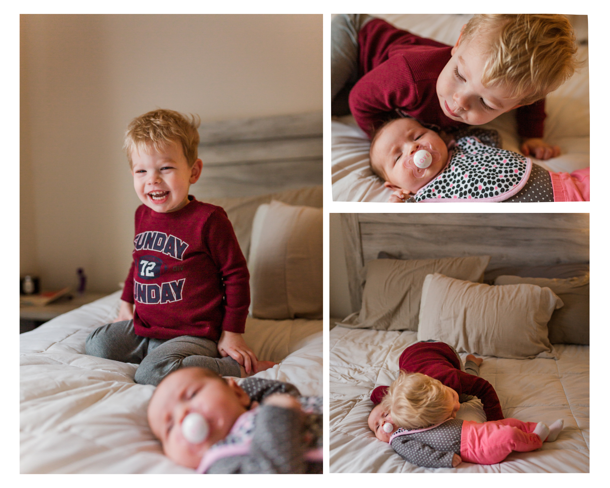 Older brother kissing and hugging his newborn sister