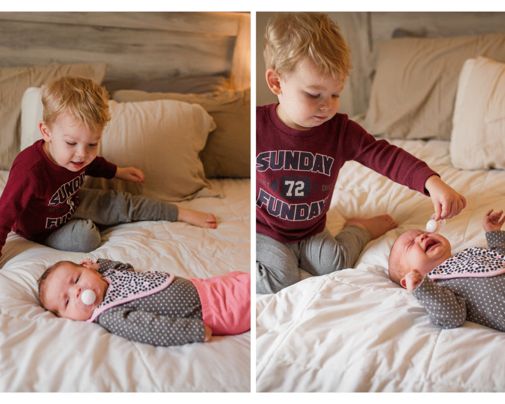 Older brother meeting newborn sister 