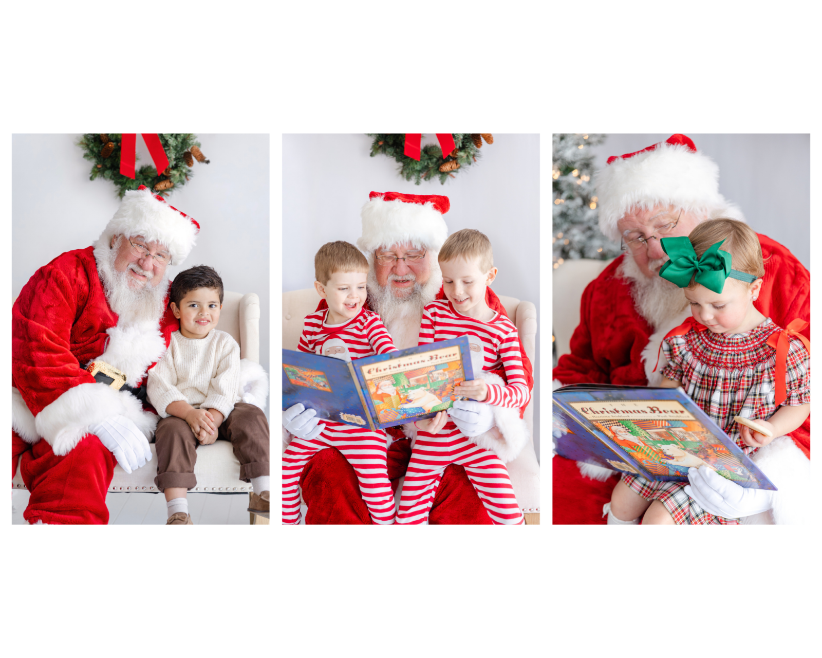 Toddler and kids taking Santa photos together from shy first sits to reading a Christmas book at a Tuscaloosa Santa mini session