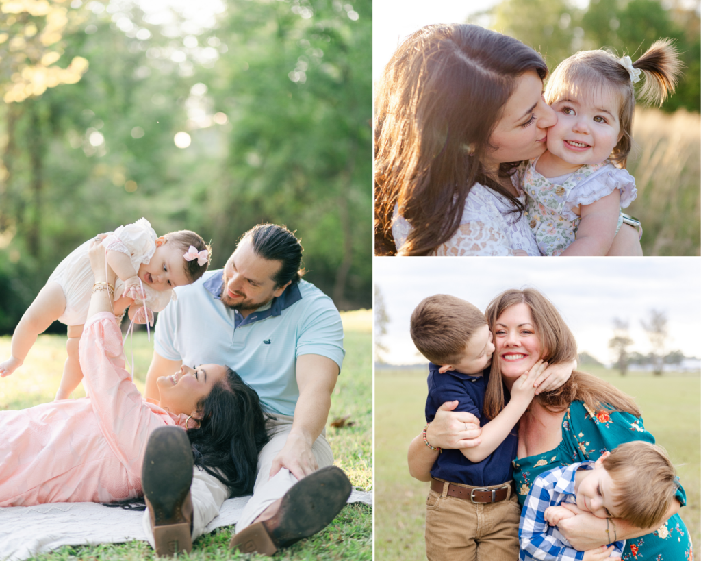 Three candid frames of a mom laughing with her kids during a motherhood session in Tuscaloosa